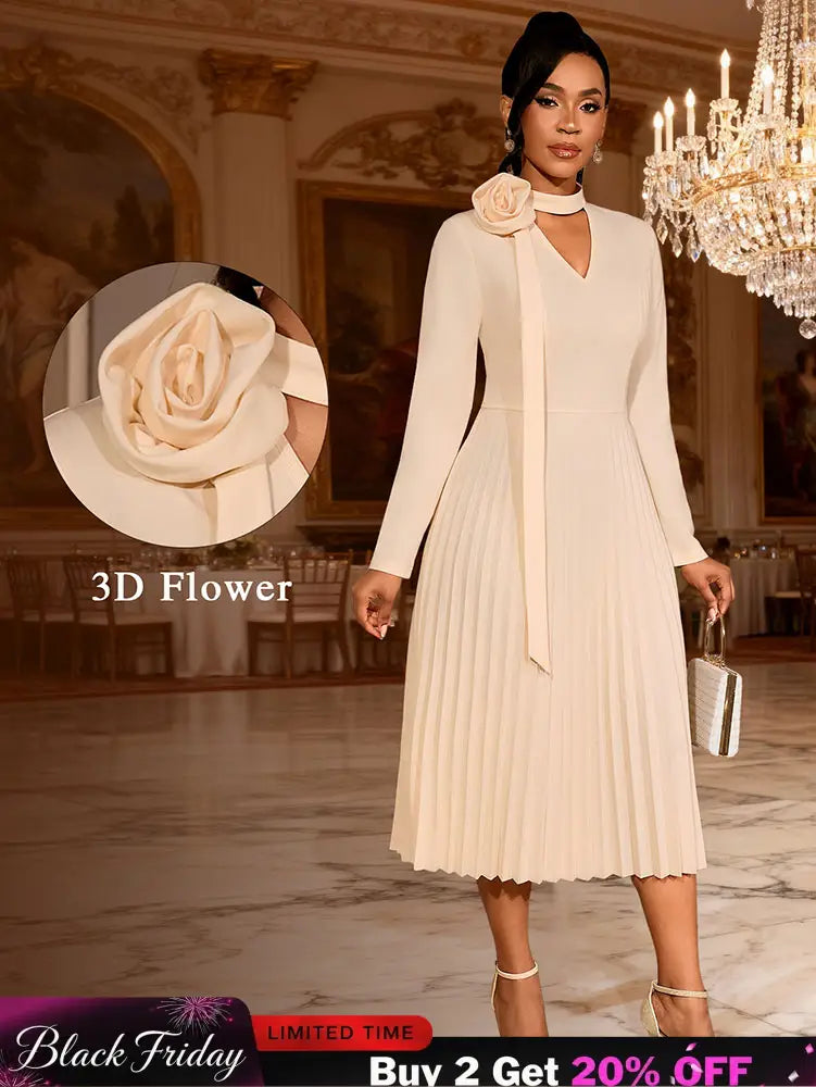 AOMEIDRESS Stylish A Line Pleated Dress V Neck Long Sleeve 3D Flower Apricot / S