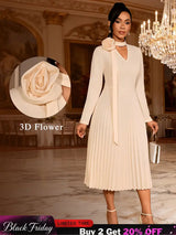 AOMEIDRESS Stylish A Line Pleated Dress V Neck Long Sleeve 3D Flower Apricot / S