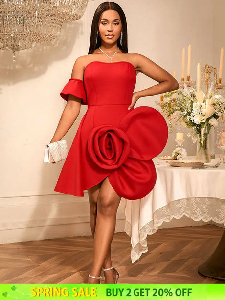AOMEIDRESS Stylish Birthday Party Mini Off Shoulder Dress 3D Flower Red / S