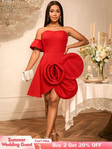 AOMEIDRESS Stylish Birthday Party Mini Off Shoulder Dress 3D Flower Red / S