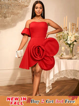 AOMEIDRESS Stylish Birthday Party Mini Off Shoulder Dress 3D Flower Red / S