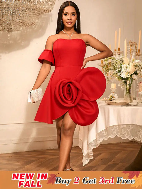 AOMEIDRESS Stylish Birthday Party Mini Off Shoulder Dress 3D Flower Red / S