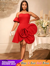 AOMEIDRESS Stylish Birthday Party Mini Off Shoulder Dress 3D Flower Red / S