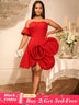AOMEIDRESS Stylish Birthday Party Mini Off Shoulder Dress 3D Flower Red / S