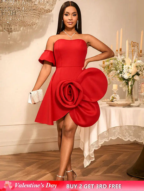 AOMEIDRESS Stylish Birthday Party Mini Off Shoulder Dress 3D Flower Red / S