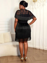 AOMEIDRESS Stylish Black Tassel Set Halter Dress Shawl Party Gowns