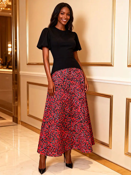 AOMEIDRESS Stylish Colorblock A Line Dress O Neck Short Sleeve Office