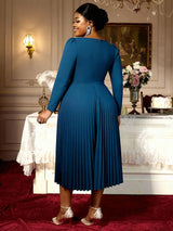 AOMEIDRESS Stylish Colorblock Pleated Dress V Neck with 3D Flower