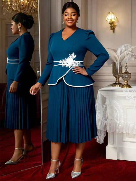 AOMEIDRESS Stylish Colorblock Pleated Dress V Neck with 3D Flower