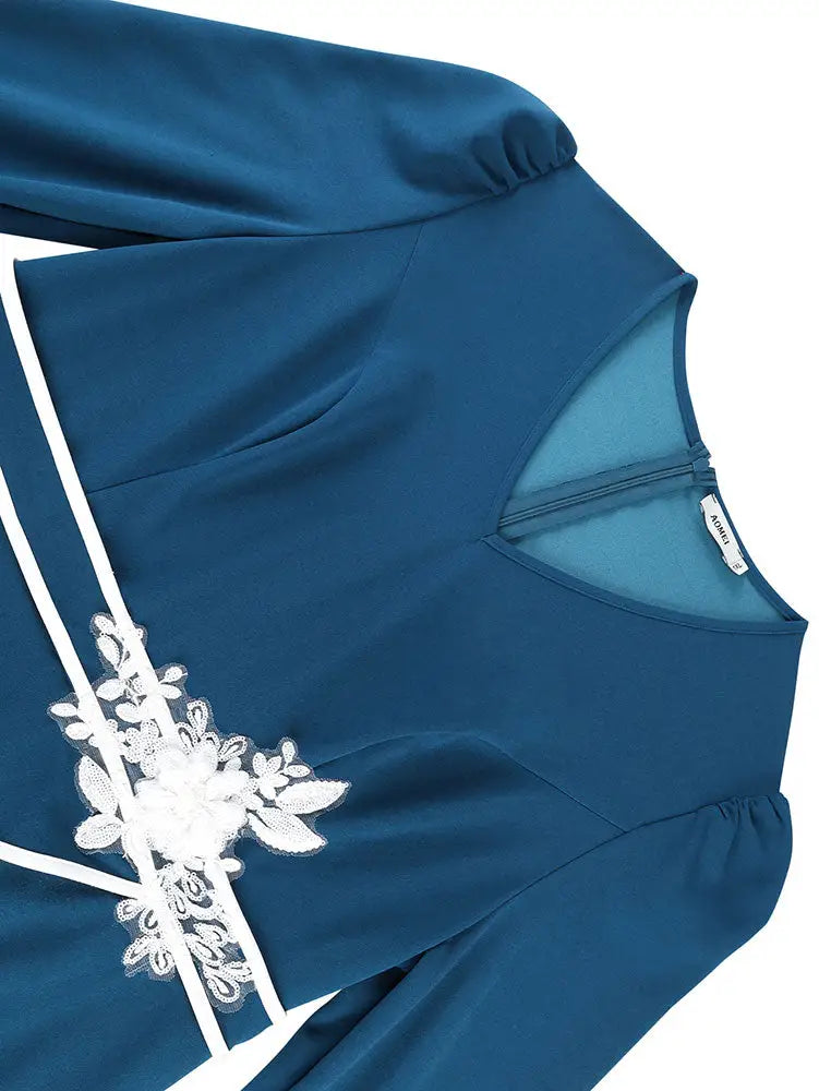 AOMEIDRESS Stylish Colorblock Pleated Dress V Neck with 3D Flower