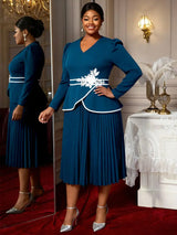 AOMEIDRESS Stylish Colorblock Pleated Dress V Neck with 3D Flower