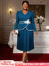 AOMEIDRESS Stylish Colorblock Pleated Dress V Neck with 3D Flower PeacockBlue / L