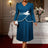 AOMEIDRESS Stylish Colorblock Pleated Dress V Neck with 3D Flower PeacockBlue / L