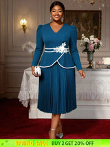 AOMEIDRESS Stylish Colorblock Pleated Dress V Neck with 3D Flower PeacockBlue / L