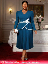 AOMEIDRESS Stylish Colorblock Pleated Dress V Neck with 3D Flower PeacockBlue / L