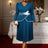 AOMEIDRESS Stylish Colorblock Pleated Dress V Neck with 3D Flower PeacockBlue / L