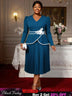 AOMEIDRESS Stylish Colorblock Pleated Dress V Neck with 3D Flower PeacockBlue / L