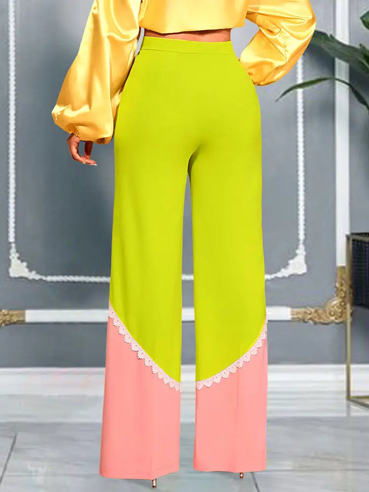 AOMEIDRESS Stylish Colorblock Wide Legged Pants Lace Trim Causal Wear