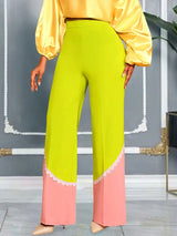 AOMEIDRESS Stylish Colorblock Wide Legged Pants Lace Trim Causal Wear