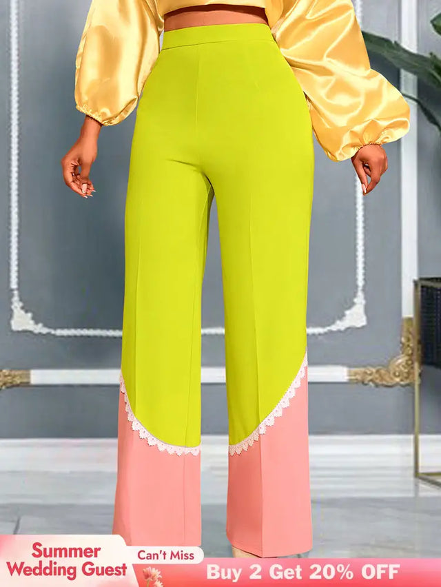 AOMEIDRESS Stylish Colorblock Wide Legged Pants Lace Trim Causal Wear MustardGreen / S