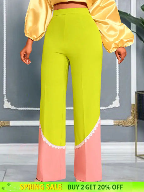 AOMEIDRESS Stylish Colorblock Wide Legged Pants Lace Trim Causal Wear MustardGreen / S