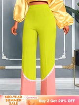 AOMEIDRESS Stylish Colorblock Wide Legged Pants Lace Trim Causal Wear MustardGreen / S