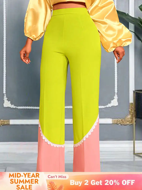 AOMEIDRESS Stylish Colorblock Wide Legged Pants Lace Trim Causal Wear MustardGreen / S