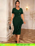 AOMEIDRESS Stylish Package Hip Dress V Neck with Irregular Ruffles DarkGreen / S