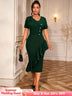 AOMEIDRESS Stylish Package Hip Dress V Neck with Irregular Ruffles DarkGreen / S