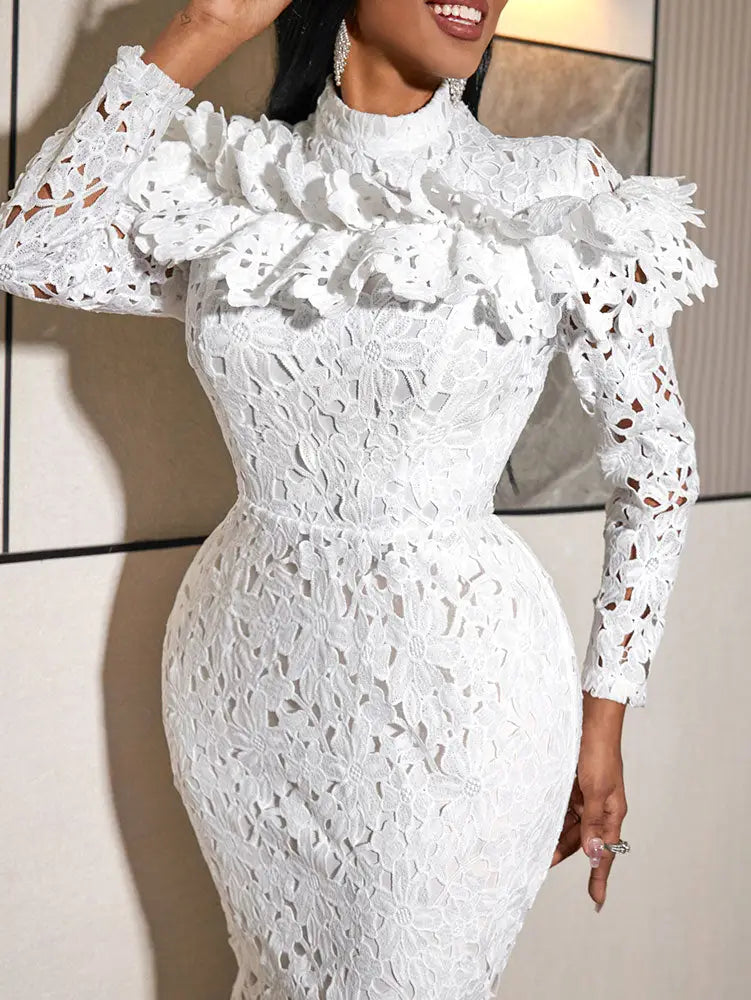 AOMEIDRESS Stylish Package Hip Lace Dress Ruffles Mermaid Hem