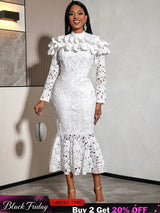 AOMEIDRESS Stylish Package Hip Lace Dress Ruffles Mermaid Hem White / S