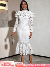 AOMEIDRESS Stylish Package Hip Lace Dress Ruffles Mermaid Hem White / S