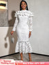 AOMEIDRESS Stylish Package Hip Lace Dress Ruffles Mermaid Hem White / S