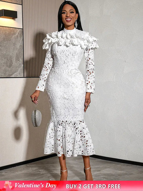 AOMEIDRESS Stylish Package Hip Lace Dress Ruffles Mermaid Hem White / S