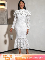 AOMEIDRESS Stylish Package Hip Lace Dress Ruffles Mermaid Hem White / S