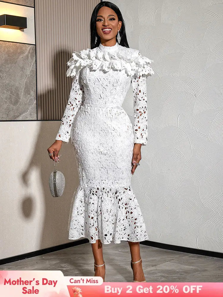 AOMEIDRESS Stylish Package Hip Lace Dress Ruffles Mermaid Hem White / S