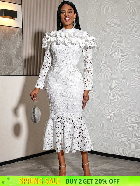 AOMEIDRESS Stylish Package Hip Lace Dress Ruffles Mermaid Hem White / S