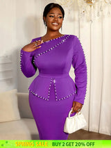 AOMEIDRESS Stylish Purple Long Sleeves Bodycon Dress with Beading Purple / L