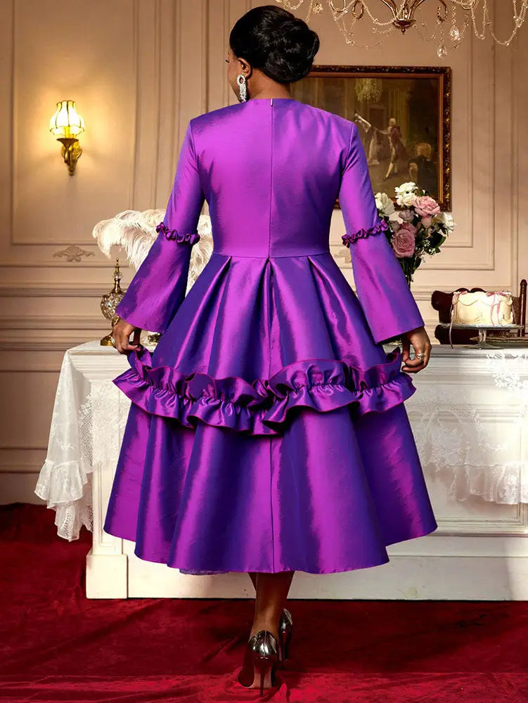 AOMEIDRESS Stylish Shiny A Line Dress V Neck 3D Flower Ruffles Gowns