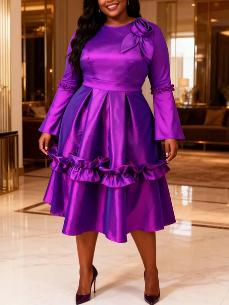 AOMEIDRESS Stylish Shiny A Line Dress V Neck 3D Flower Ruffles Gowns