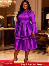 AOMEIDRESS Stylish Shiny A Line Dress V Neck 3D Flower Ruffles Gowns Purple / L