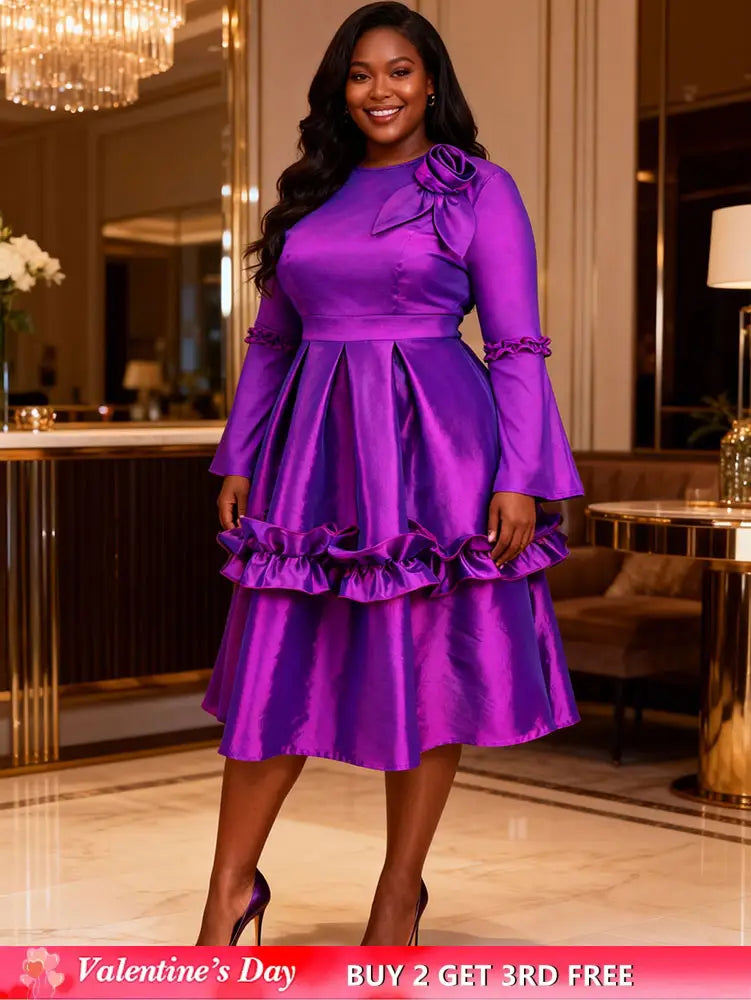 AOMEIDRESS Stylish Shiny A Line Dress V Neck 3D Flower Ruffles Gowns Purple / L