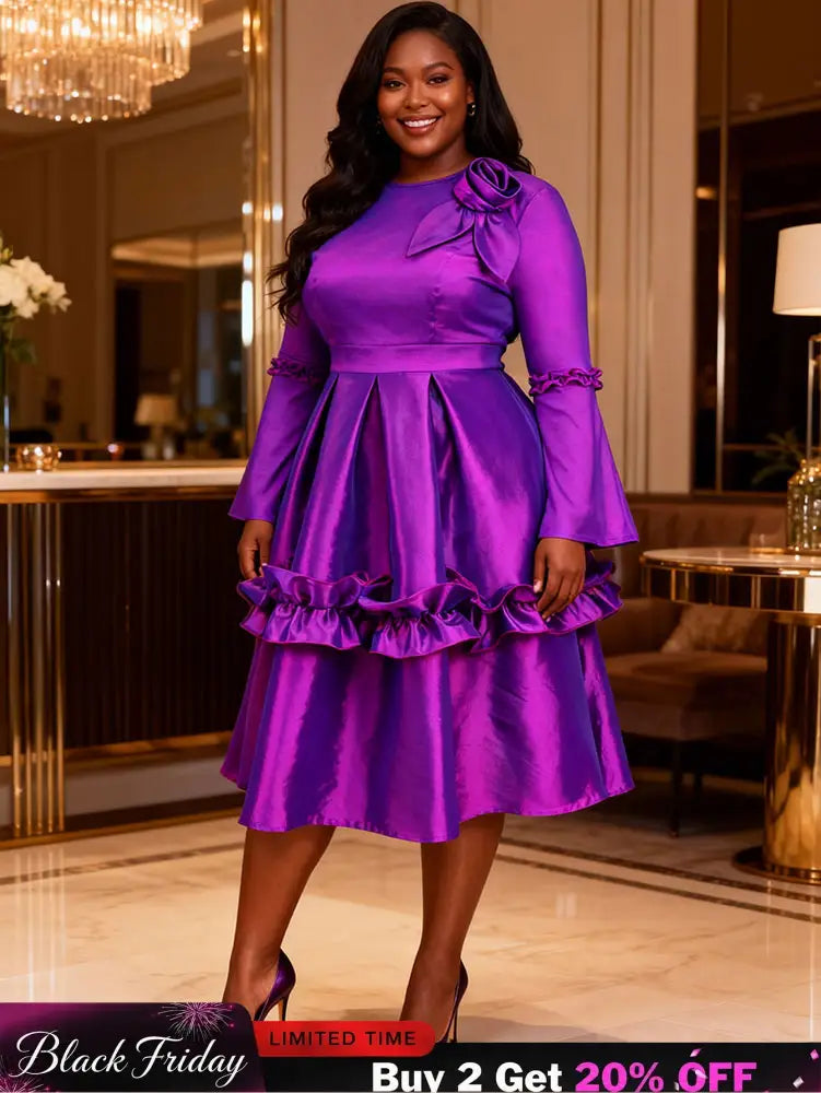 AOMEIDRESS Stylish Shiny A Line Dress V Neck 3D Flower Ruffles Gowns Purple / L
