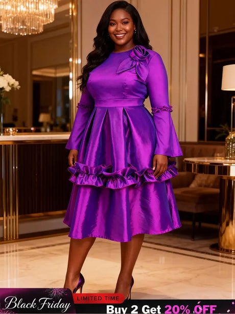 AOMEIDRESS Stylish Shiny A Line Dress V Neck 3D Flower Ruffles Gowns Purple / L