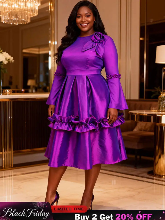 AOMEIDRESS Stylish Shiny A Line Dress V Neck 3D Flower Ruffles Gowns Purple / L
