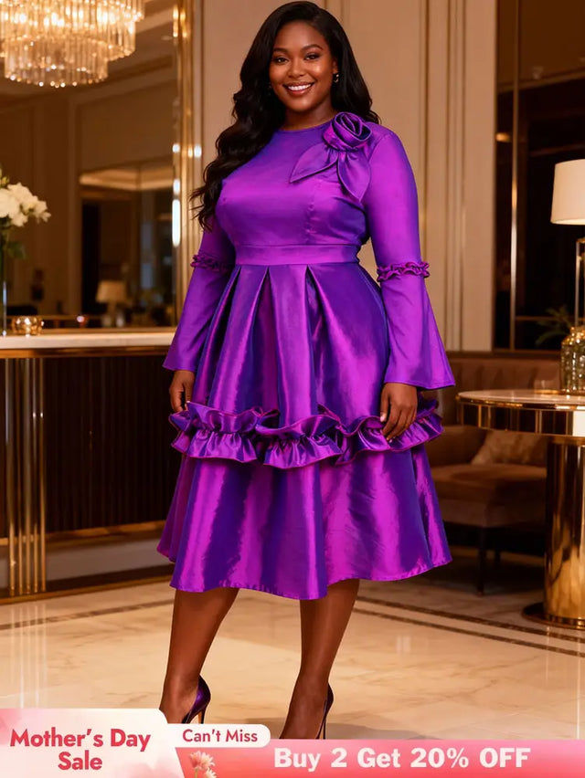 AOMEIDRESS Stylish Shiny A Line Dress V Neck 3D Flower Ruffles Gowns Purple / L
