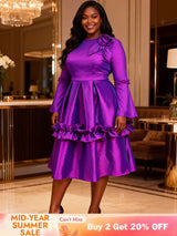 AOMEIDRESS Stylish Shiny A Line Dress V Neck 3D Flower Ruffles Gowns Purple / L