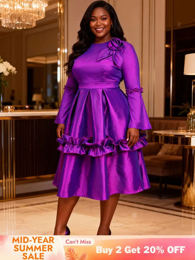 AOMEIDRESS Stylish Shiny A Line Dress V Neck 3D Flower Ruffles Gowns Purple / L