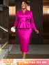 AOMEIDRESS Stylish Shiny Pencil Dress V Neck 3D Flower Ruffles Gowns Rose / L