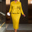 AOMEIDRESS Stylish Shiny Pencil Dress V Neck 3D Flower Ruffles Gowns Yellow / L